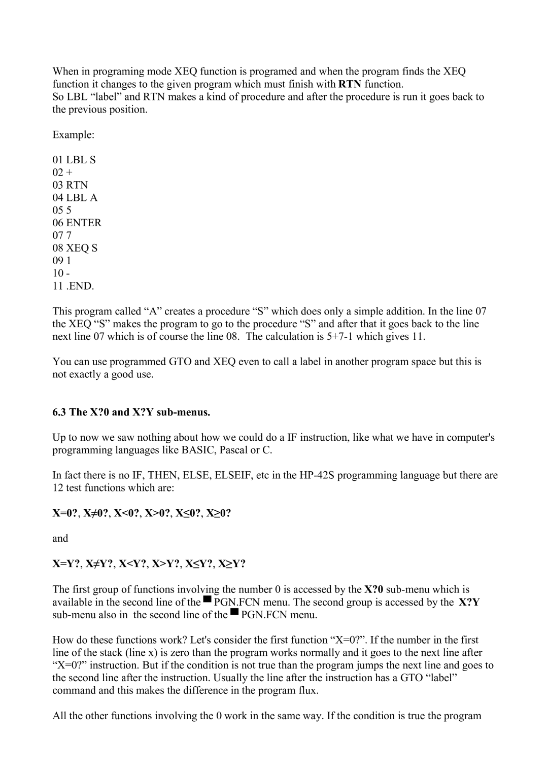 HP 42S manual Enter, X?0 and X?Y sub-menus 