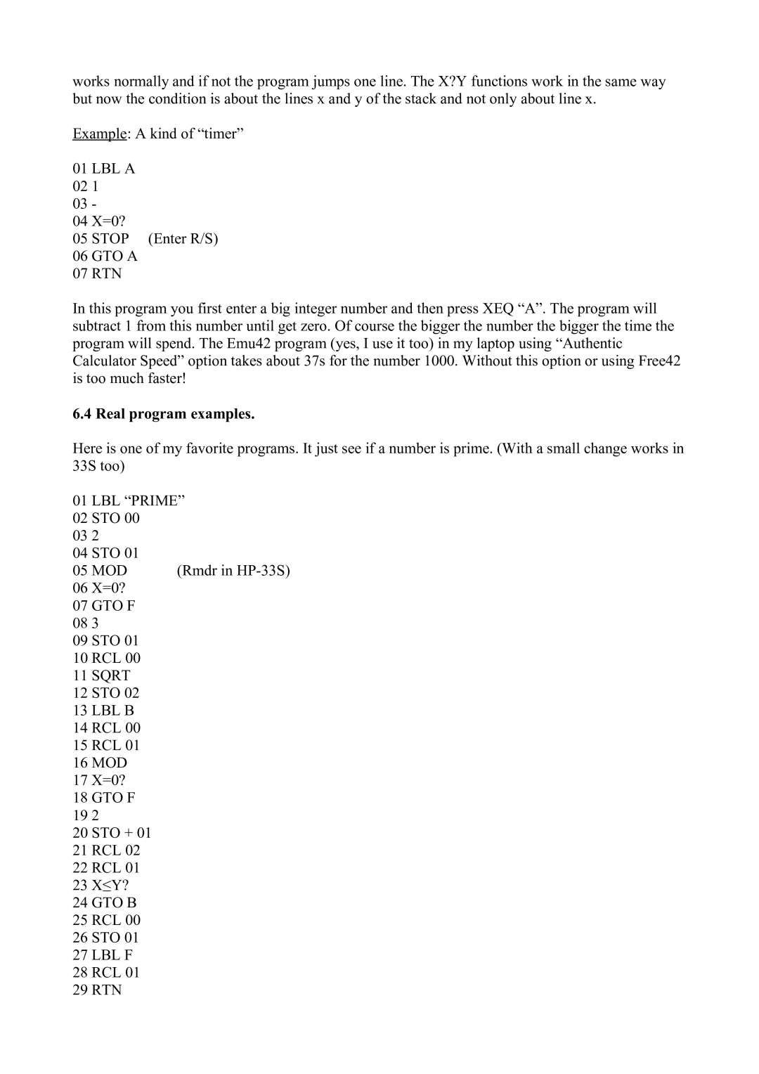 HP 42S manual Real program examples, LBL Prime, Sqrt 