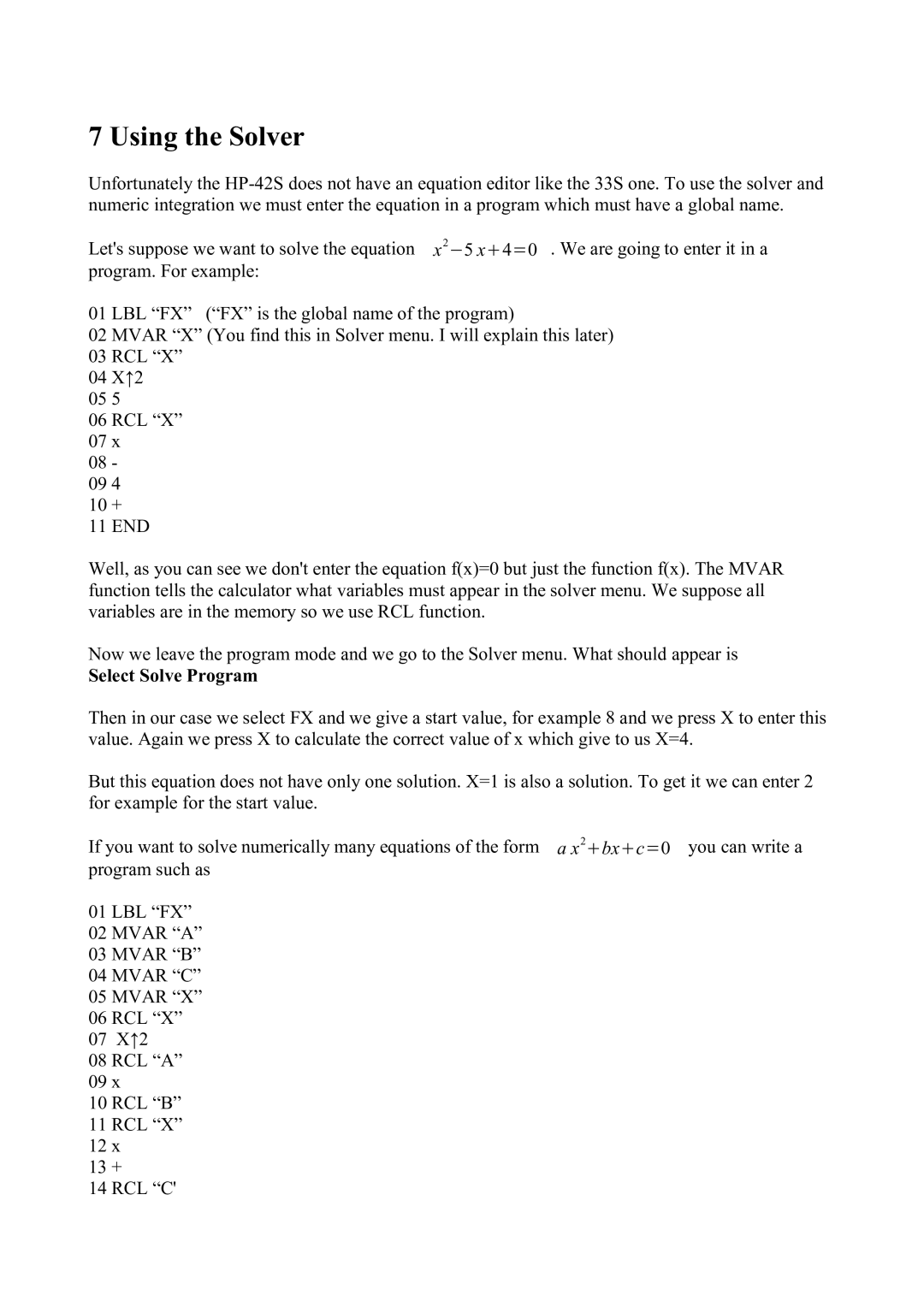 HP 42S manual Using the Solver, Select Solve Program 