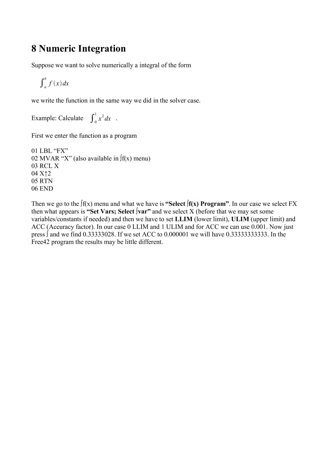 HP 42S manual Numeric Integration, Ba f  xdx 