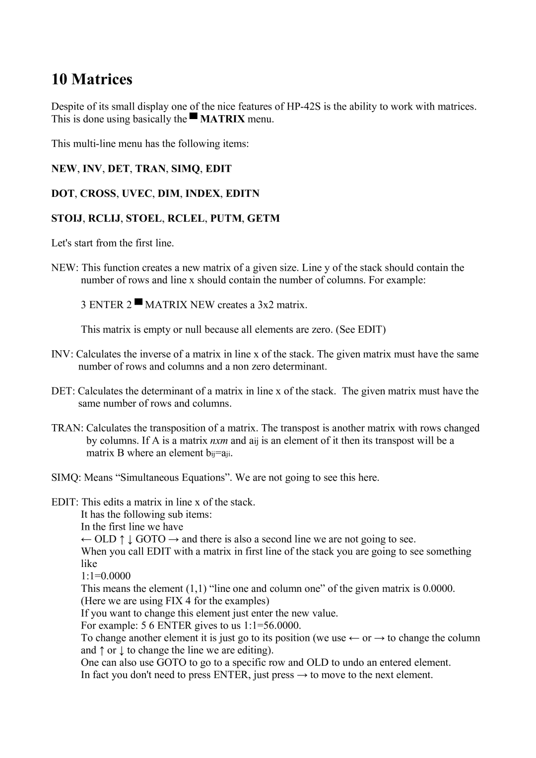 HP 42S manual Matrices 