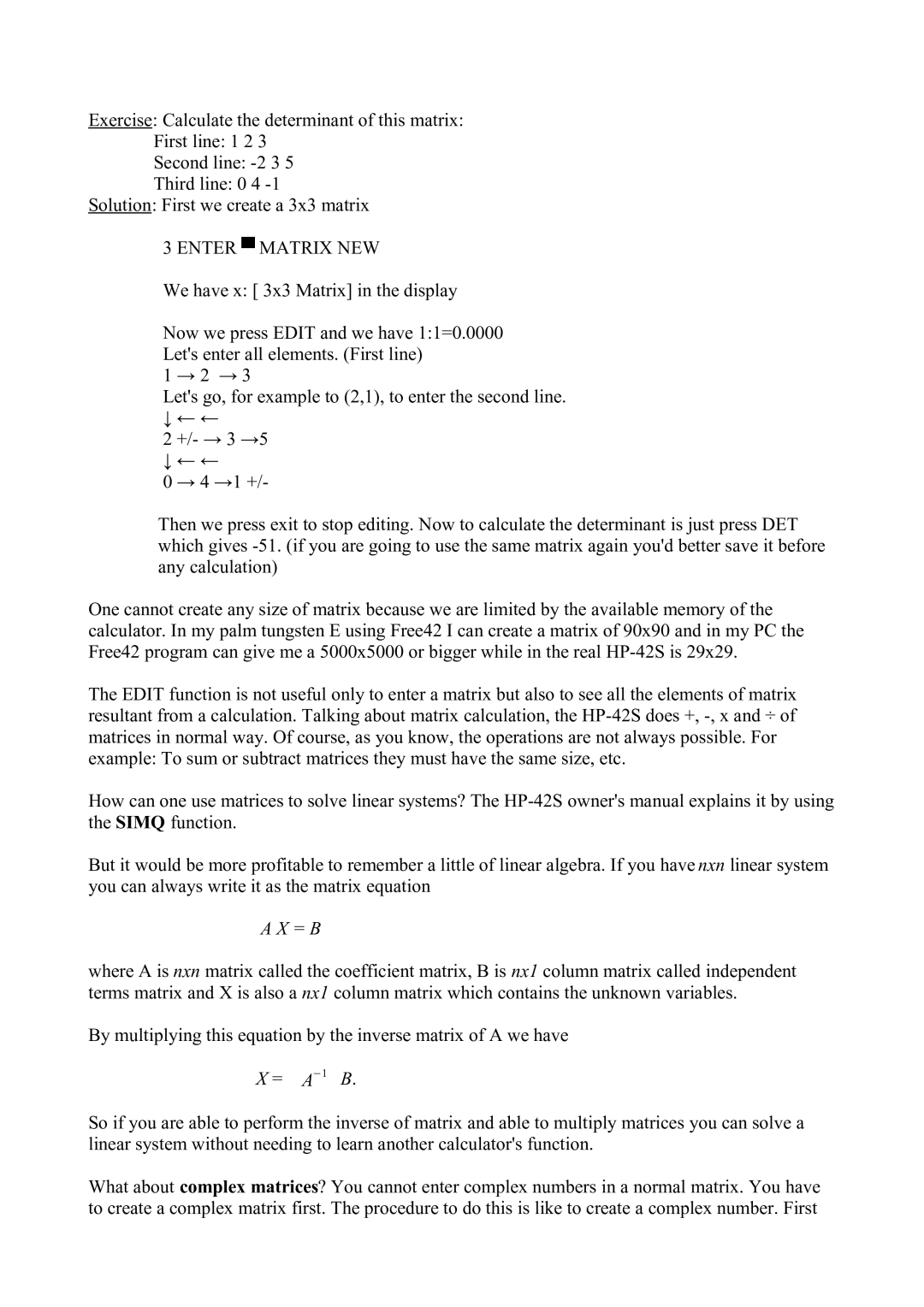 HP 42S manual Enter Matrix NEW, = B 