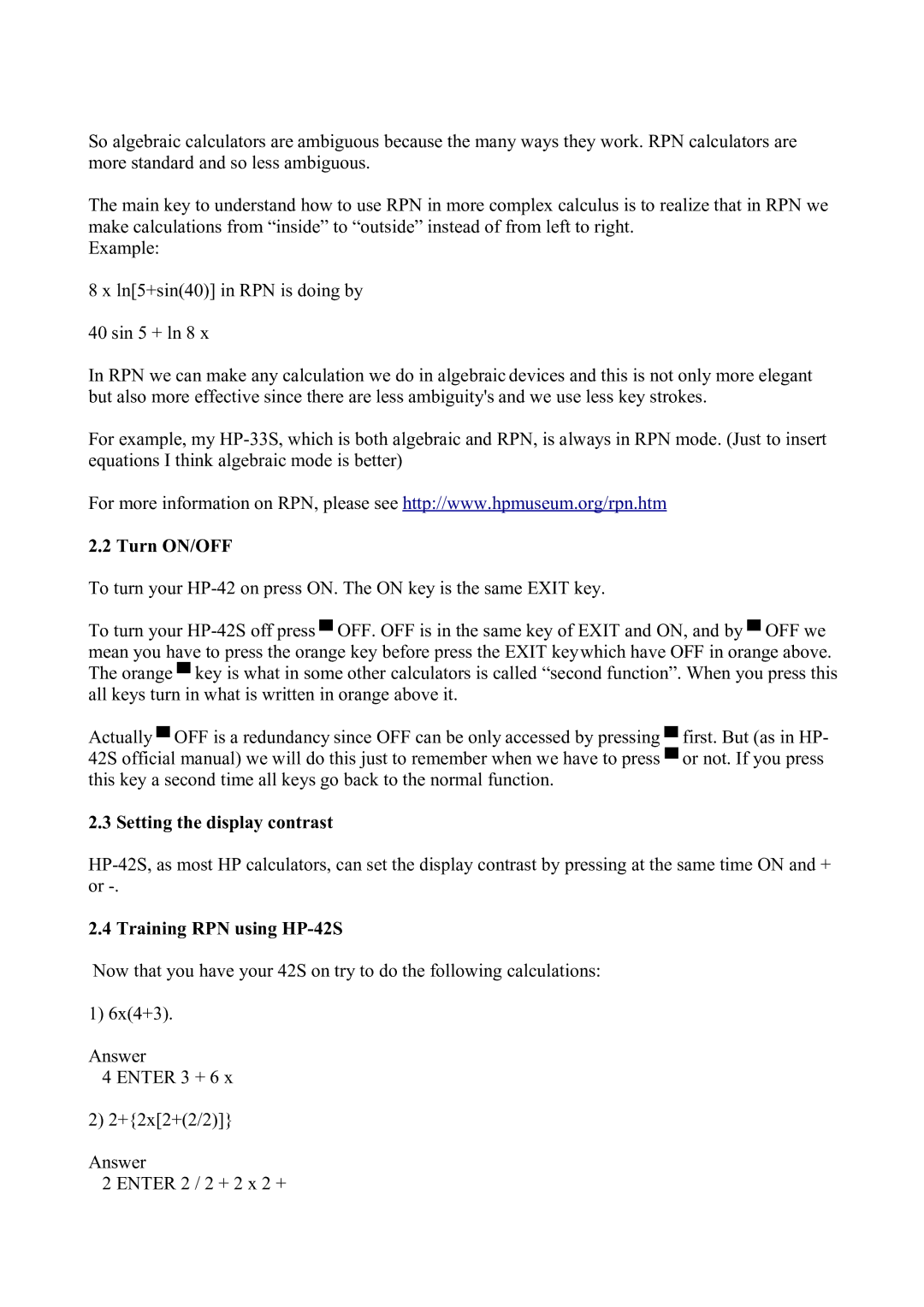 HP manual Turn ON/OFF, Setting the display contrast, Training RPN using HP-42S 