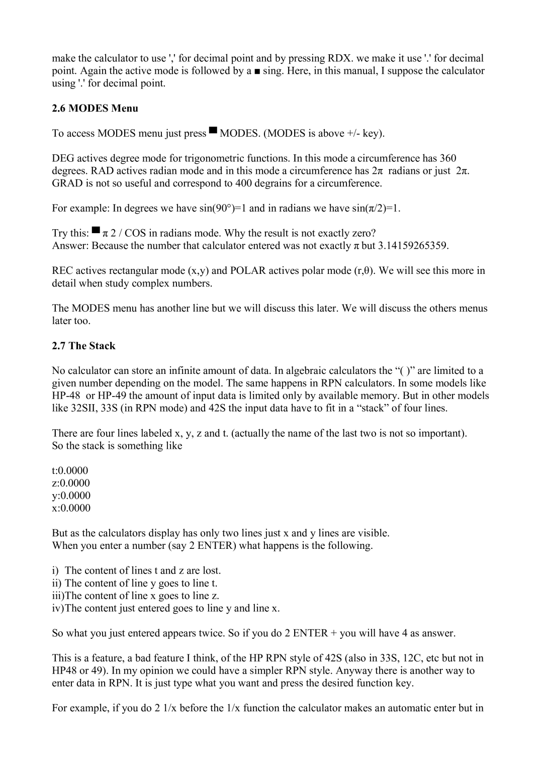 HP 42S manual Modes Menu, Stack 