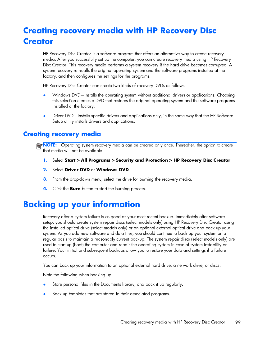 HP 430 G1 E3U87UTABA, 430 G1 E3U85UTABA Creating recovery media with HP Recovery Disc Creator, Backing up your information 