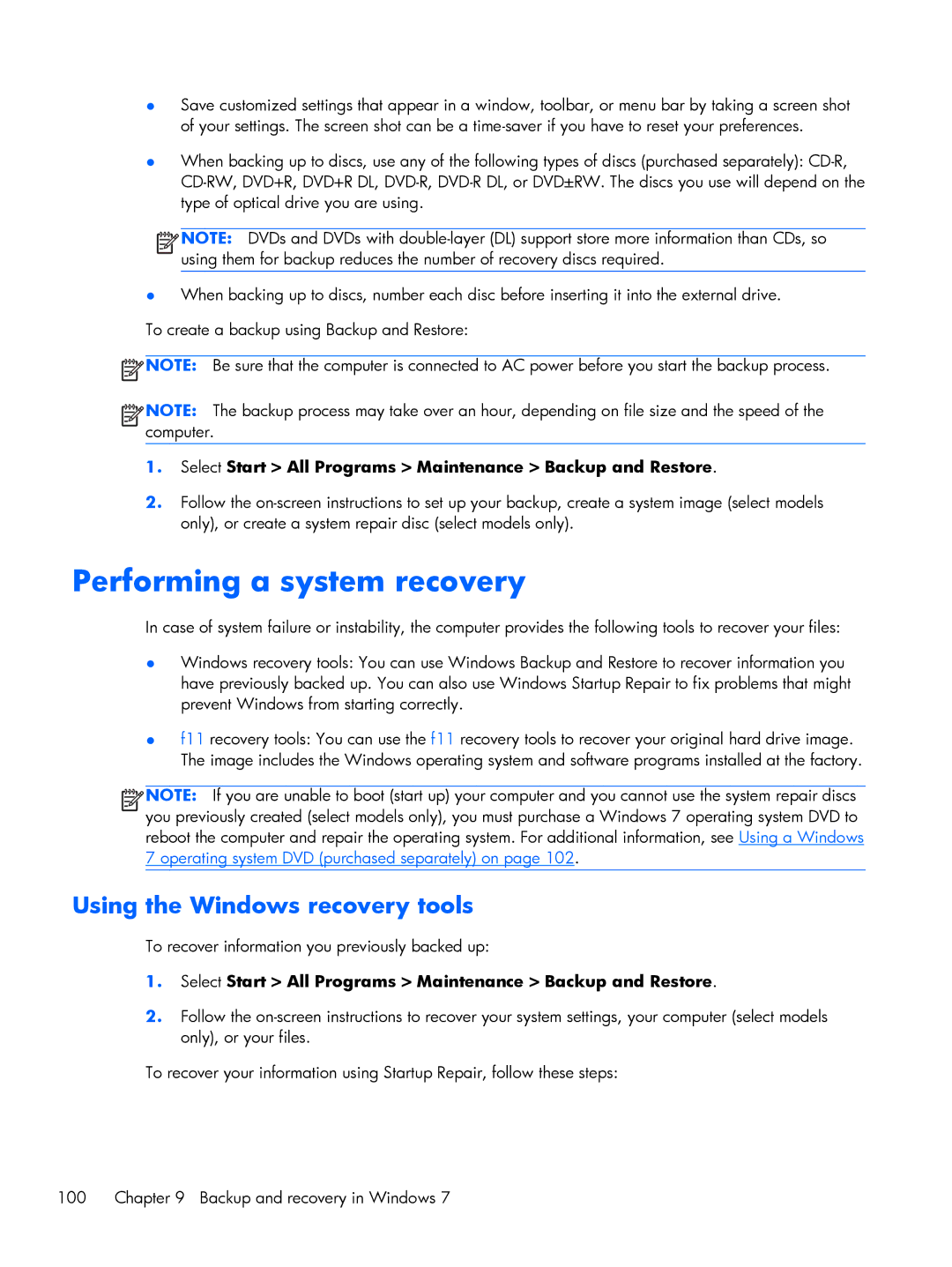 HP 430 G1 E3U93UTABA, 430 G1 E3U85UTABA, 430 G1 E3U87UTABA Performing a system recovery, Using the Windows recovery tools 