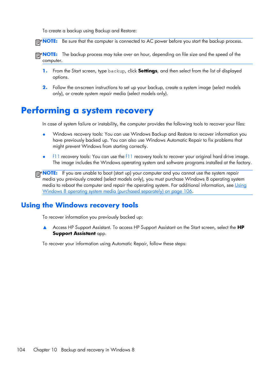 HP 430 G1 E3U85UTABA, 430 G1 E3U87UTABA, 430 G1 E3U93UTABA manual Performing a system recovery 