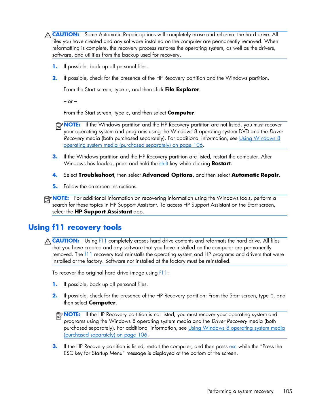HP 430 G1 E3U87UTABA, 430 G1 E3U85UTABA, 430 G1 E3U93UTABA manual Using f11 recovery tools 