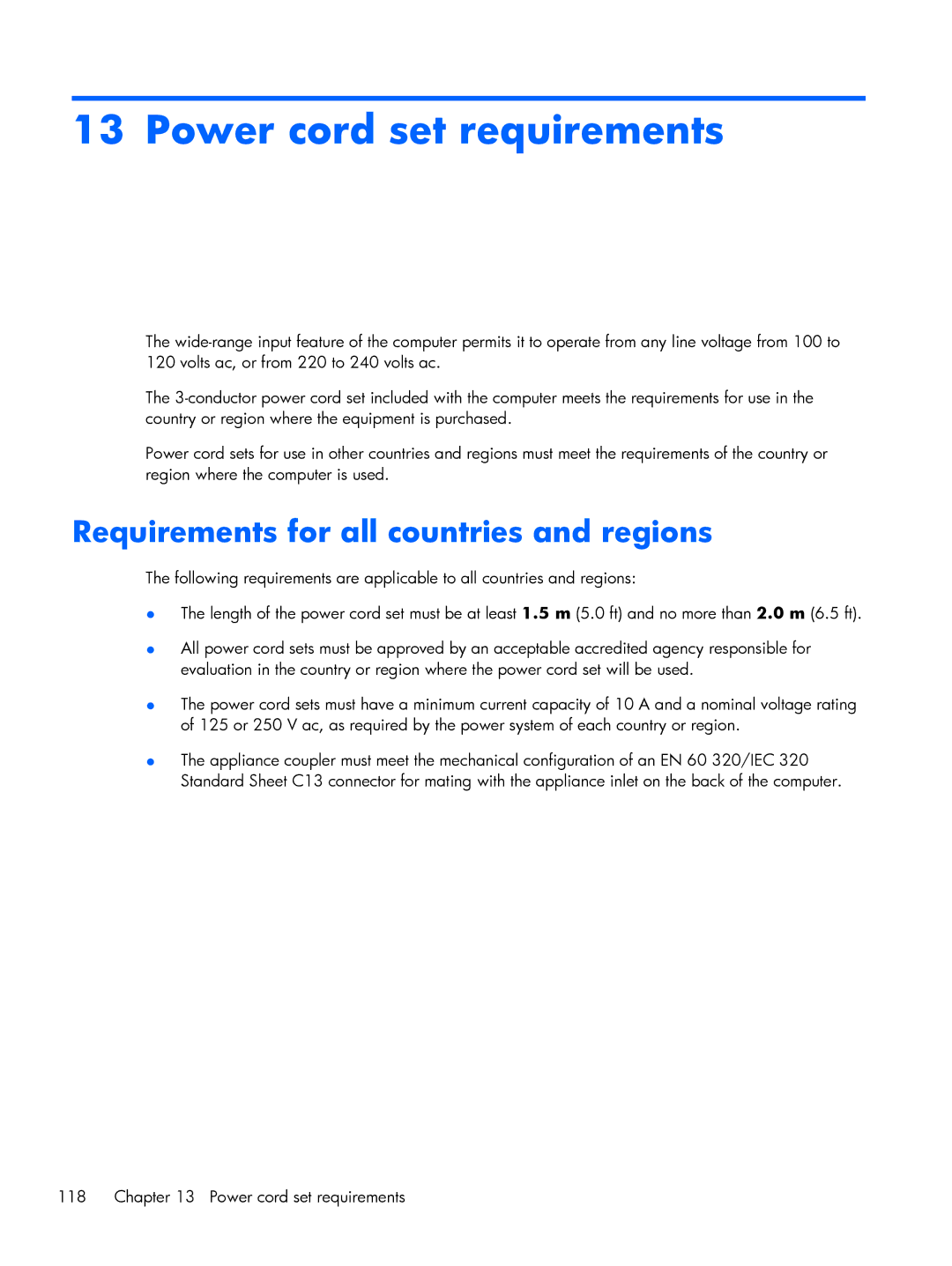 HP 430 G1 E3U93UTABA, 430 G1 E3U85UTABA manual Power cord set requirements, Requirements for all countries and regions 