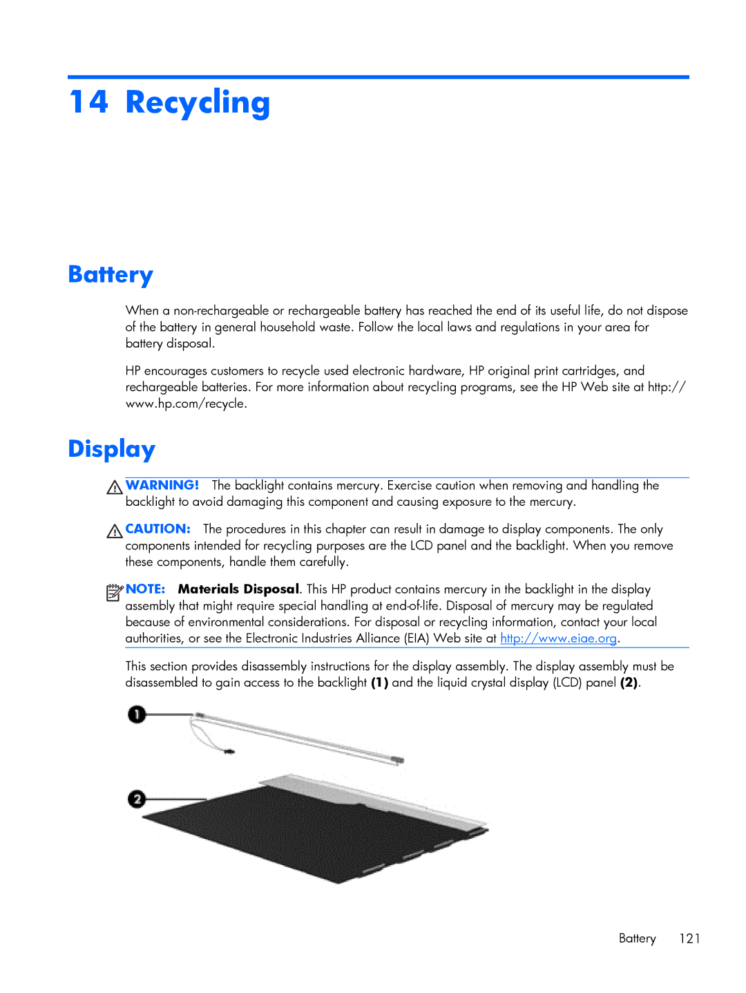 HP 430 G1 E3U93UTABA, 430 G1 E3U85UTABA, 430 G1 E3U87UTABA manual Recycling, Battery, Display 