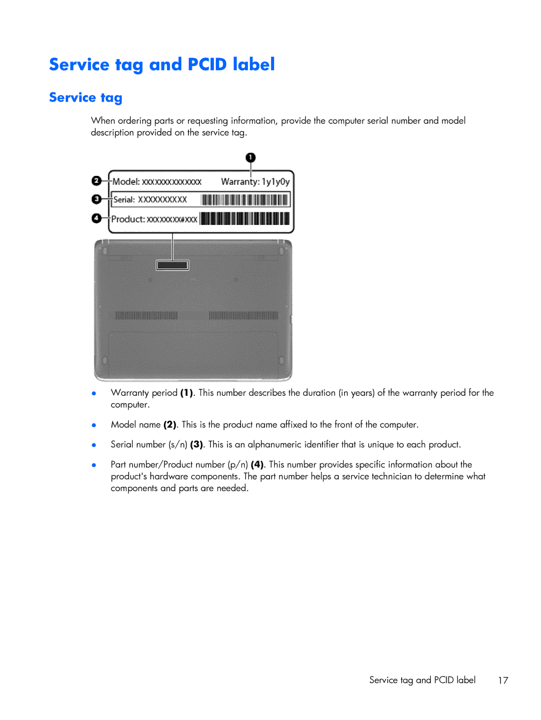 HP 430 G1 E3U85UTABA, 430 G1 E3U87UTABA, 430 G1 E3U93UTABA manual Service tag and Pcid label 