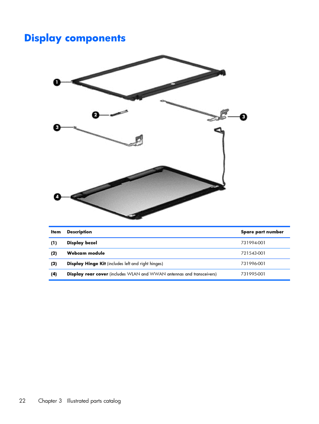 HP 430 G1 E3U93UTABA, 430 G1 E3U85UTABA, 430 G1 E3U87UTABA manual Display components 