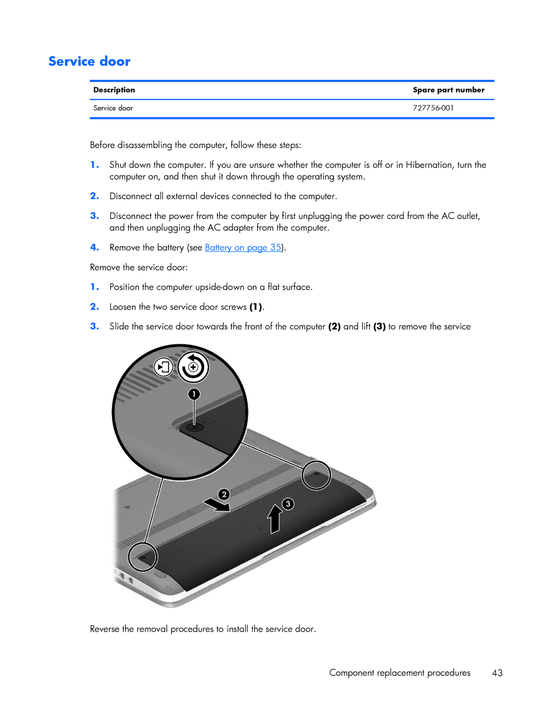 HP 430 G1 E3U93UTABA, 430 G1 E3U85UTABA, 430 G1 E3U87UTABA manual Description Spare part number Service door 727756-001 