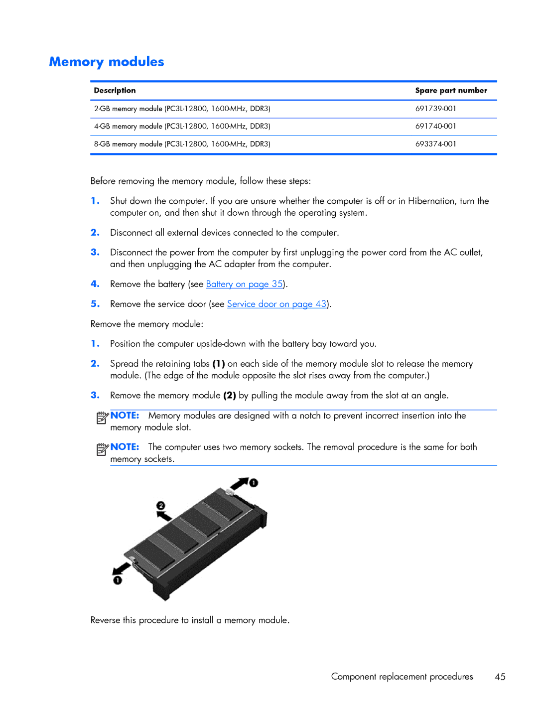 HP 430 G1 E3U87UTABA, 430 G1 E3U85UTABA, 430 G1 E3U93UTABA manual Memory modules, Description Spare part number 