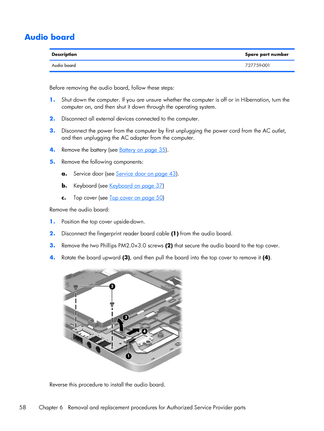 HP 430 G1 E3U93UTABA, 430 G1 E3U85UTABA, 430 G1 E3U87UTABA manual Description Spare part number Audio board 727759-001 