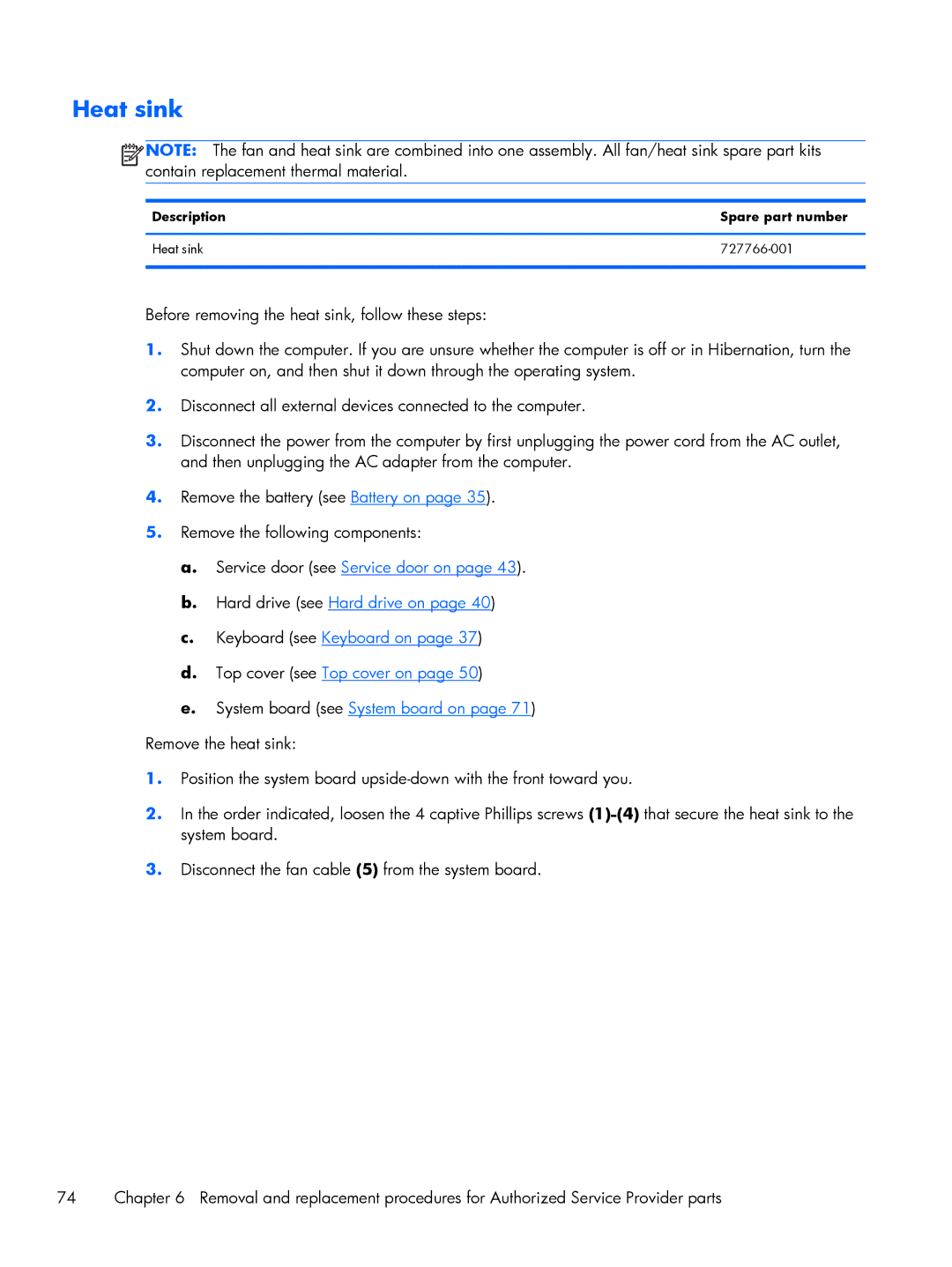 HP 430 G1 E3U85UTABA, 430 G1 E3U87UTABA, 430 G1 E3U93UTABA manual Description Spare part number Heat sink 727766-001 