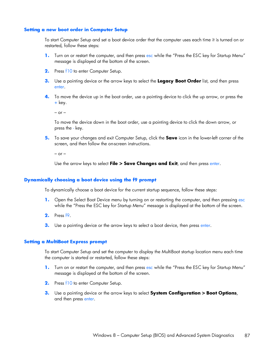 HP 430 G1 E3U87UTABA Setting a new boot order in Computer Setup, Dynamically choosing a boot device using the f9 prompt 