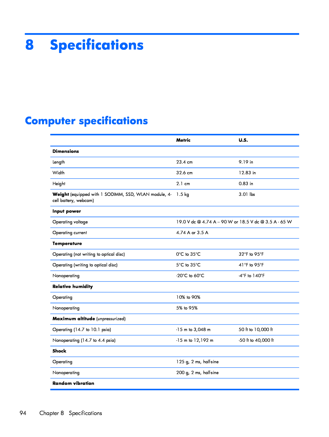 HP 430 G1 E3U93UTABA manual Specifications, Computer specifications, Metric, Dimensions, Input power, Temperature, Shock 