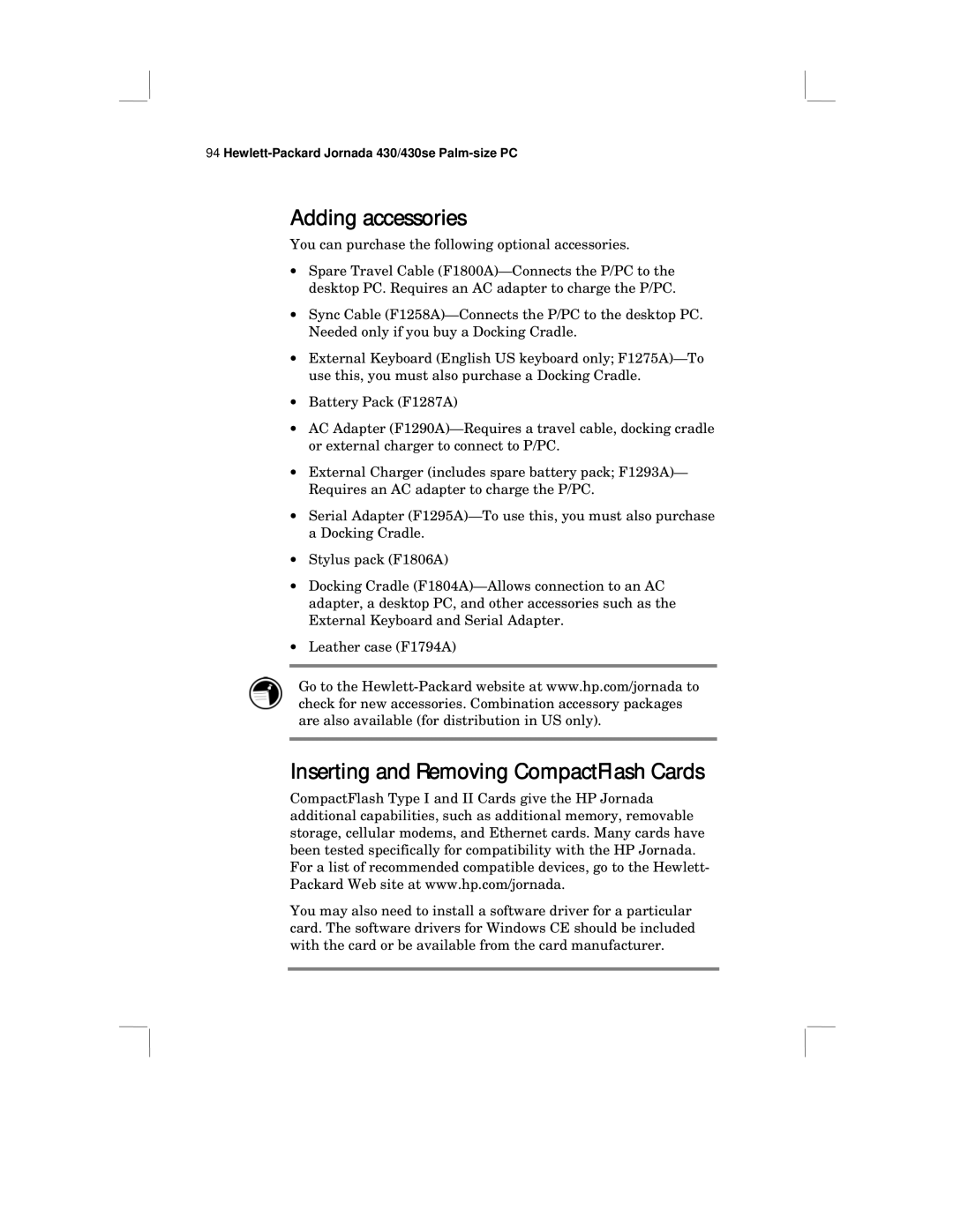 HP 430 SE manual Adding accessories, Inserting and Removing CompactFlash Cards 