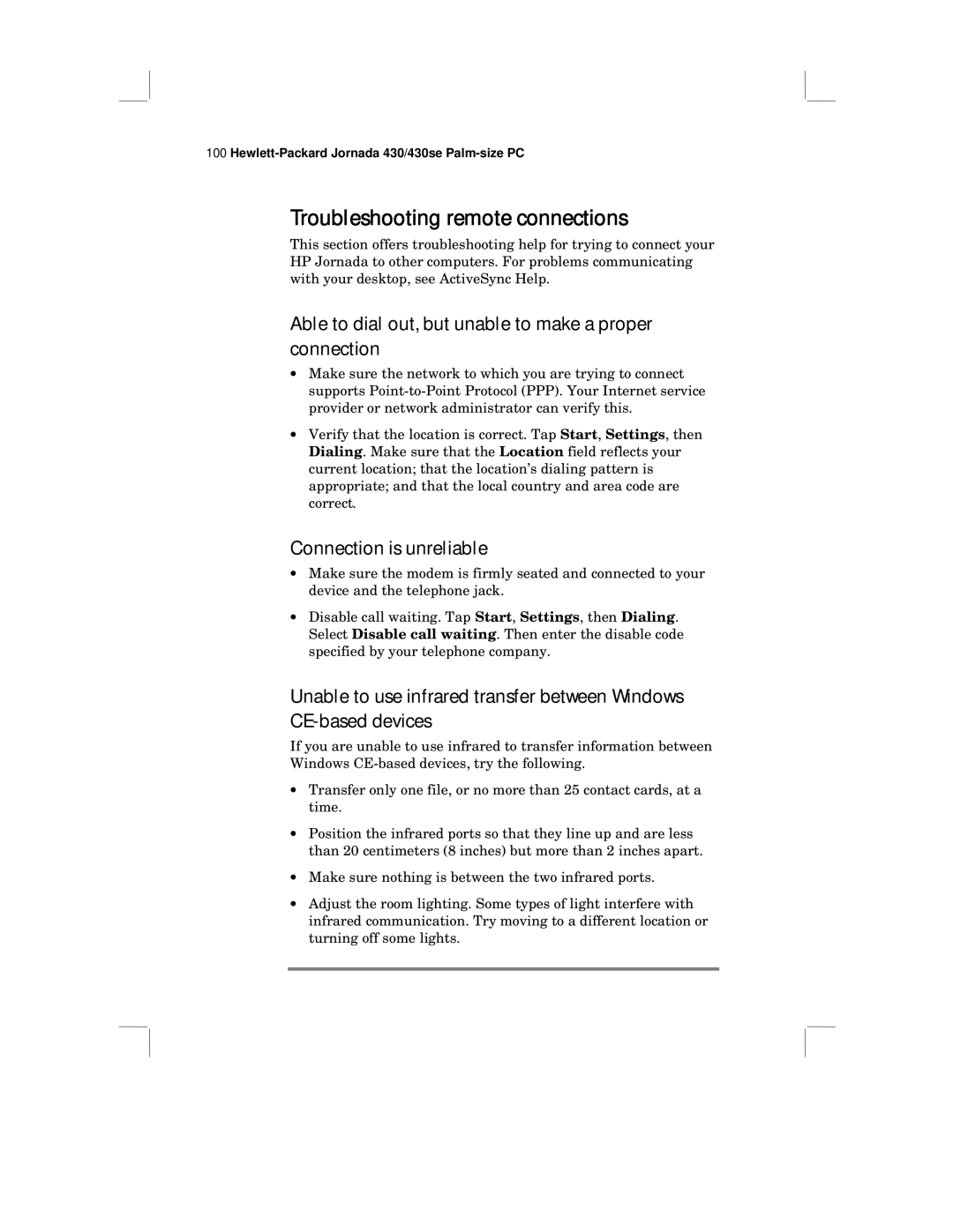 HP 430 SE manual Troubleshooting remote connections, Able to dial out, but unable to make a proper connection 