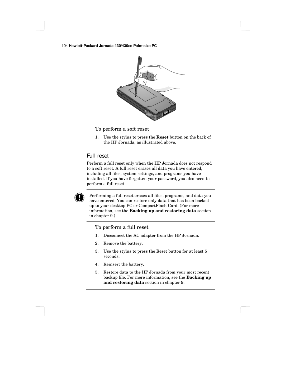 HP 430 SE manual Full reset, To perform a soft reset, To perform a full reset 