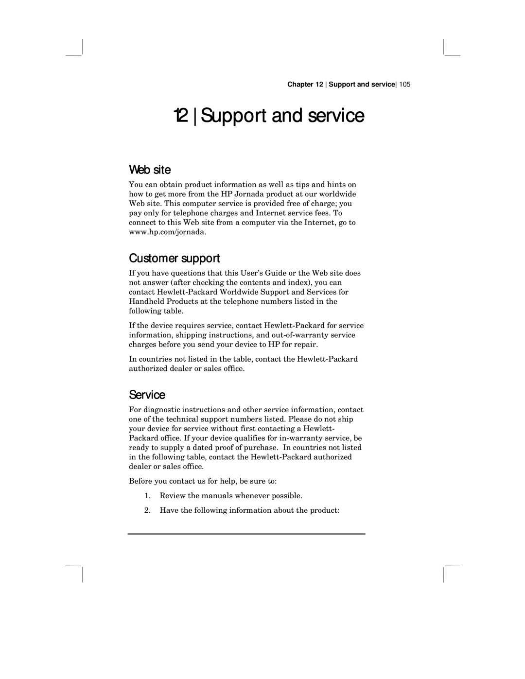 HP 430 SE manual Web site Customer support, Service 