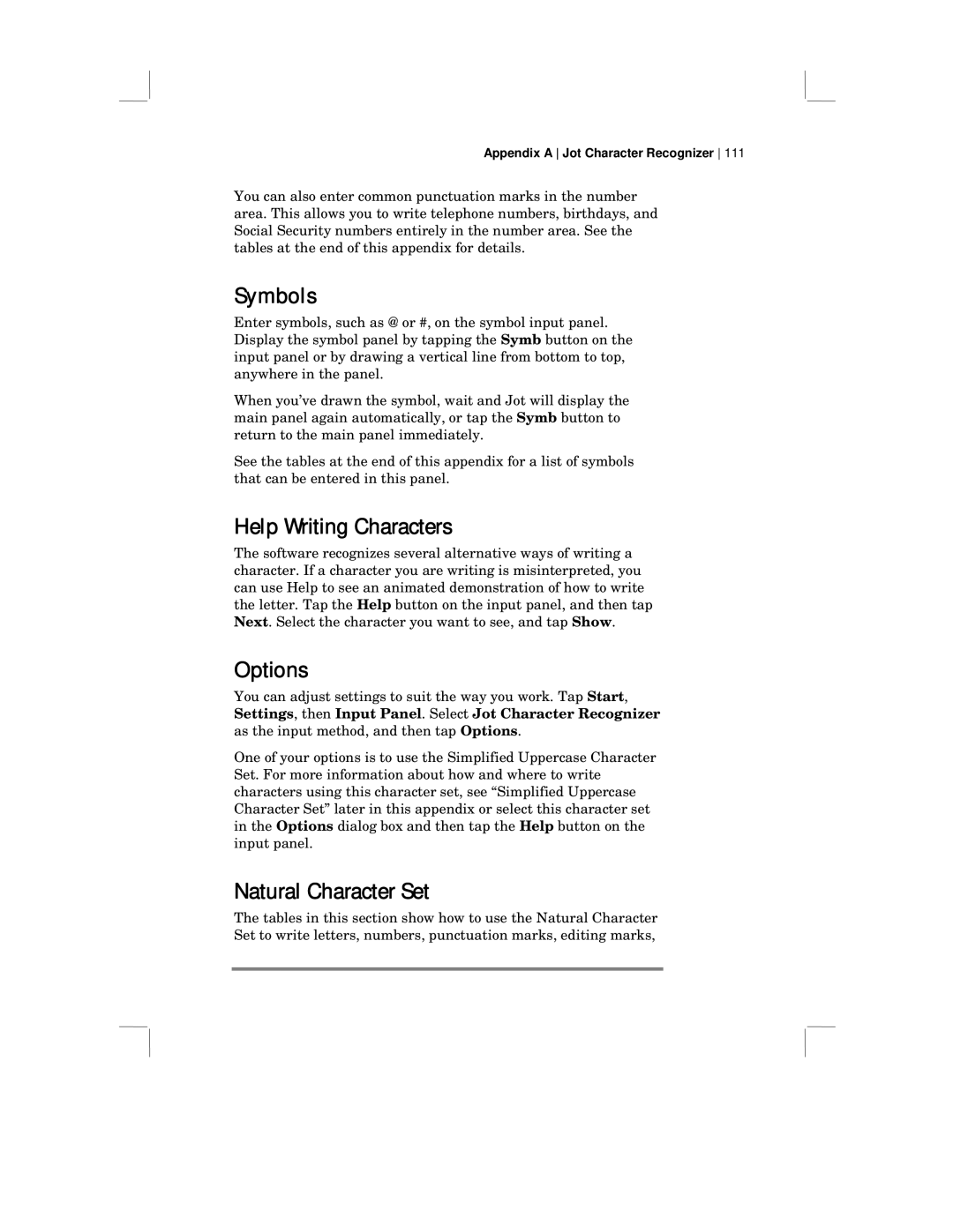 HP 430 SE manual Symbols, Help Writing Characters, Options, Natural Character Set 