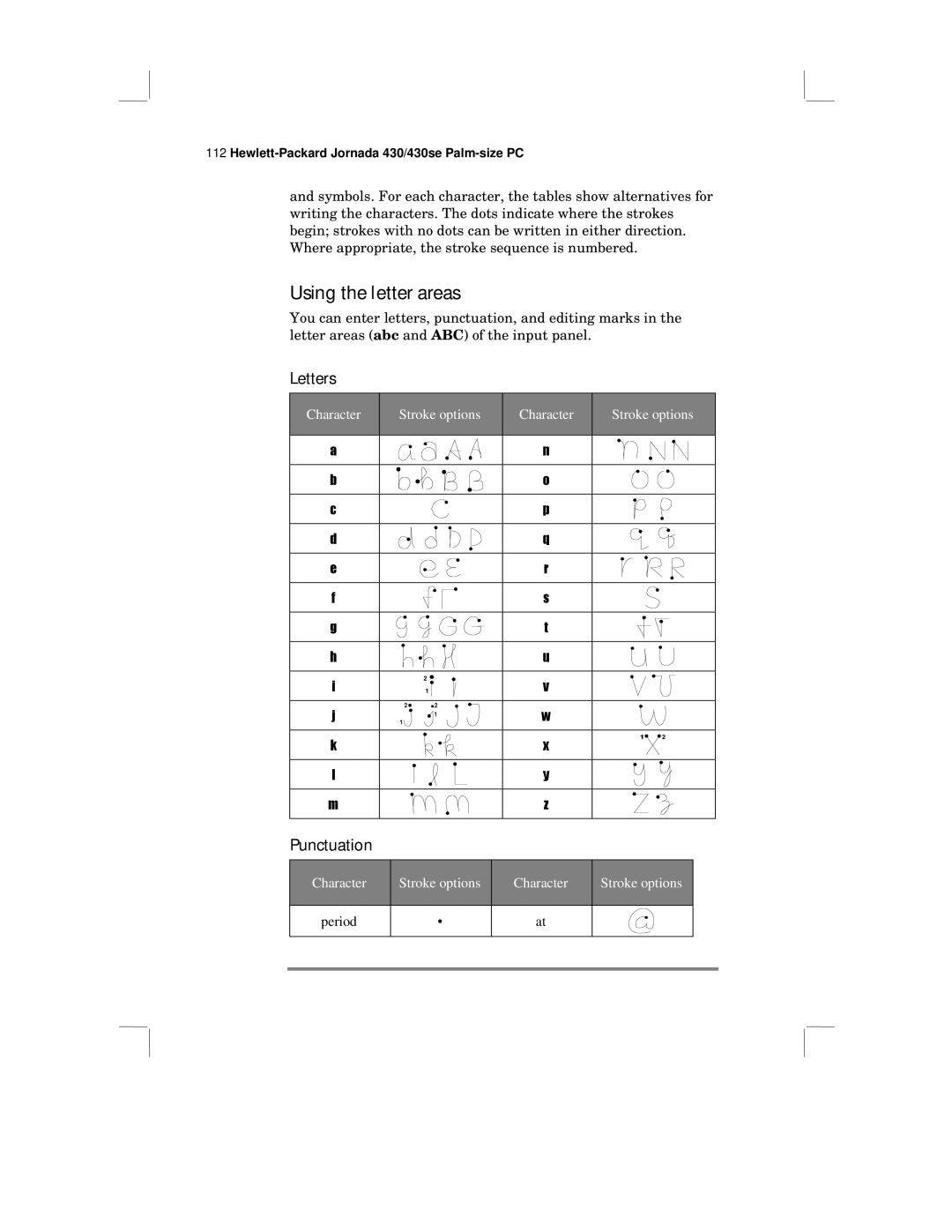 HP 430 SE manual Using the letter areas, Letters, Punctuation 