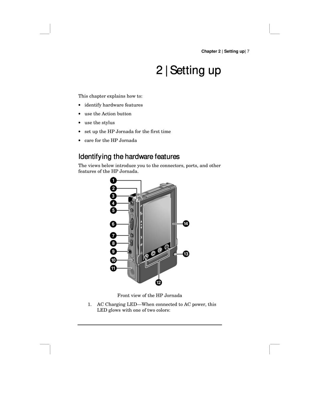 HP 430 SE manual Setting up, Identifying the hardware features 