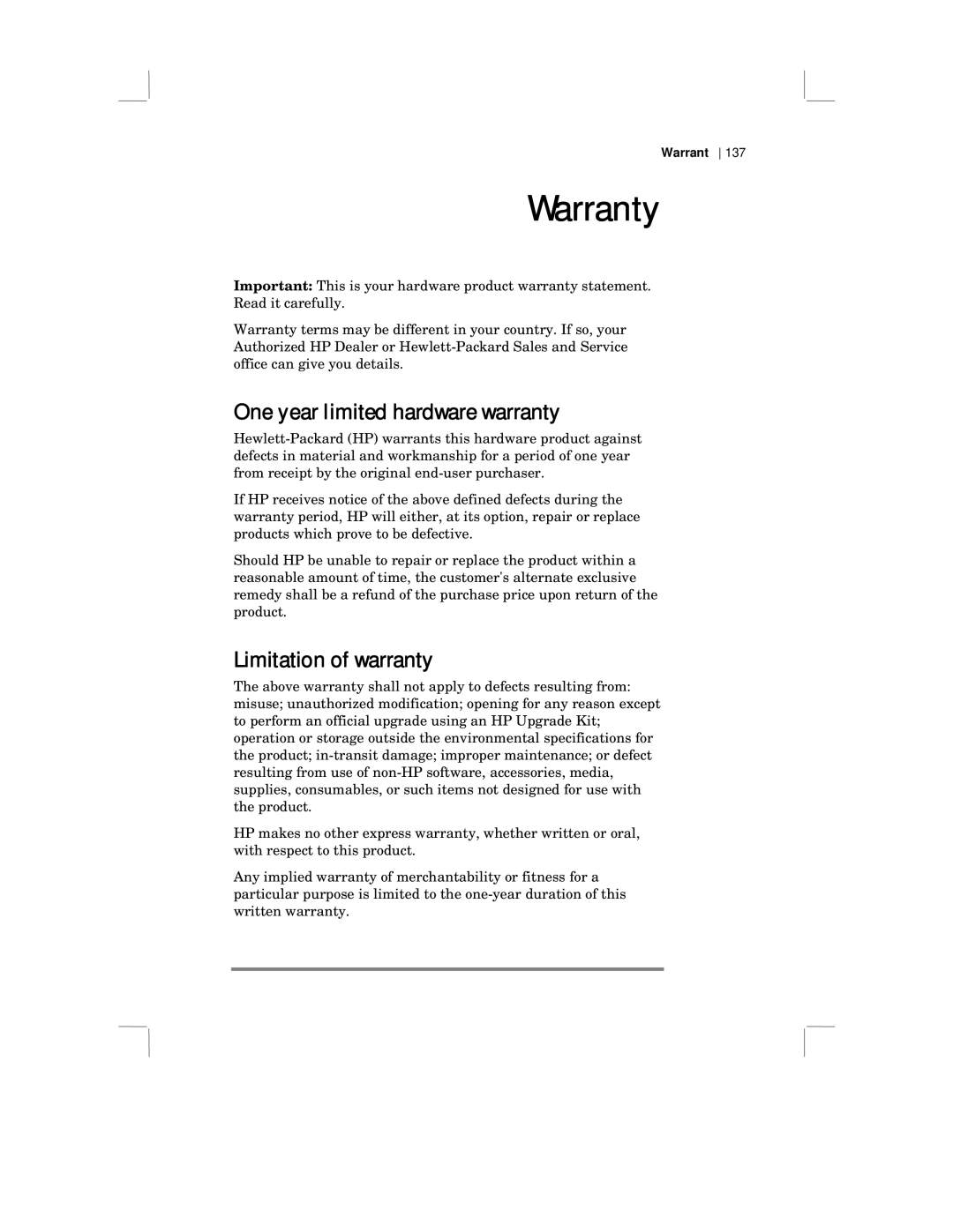 HP 430 SE manual One year limited hardware warranty, Limitation of warranty 