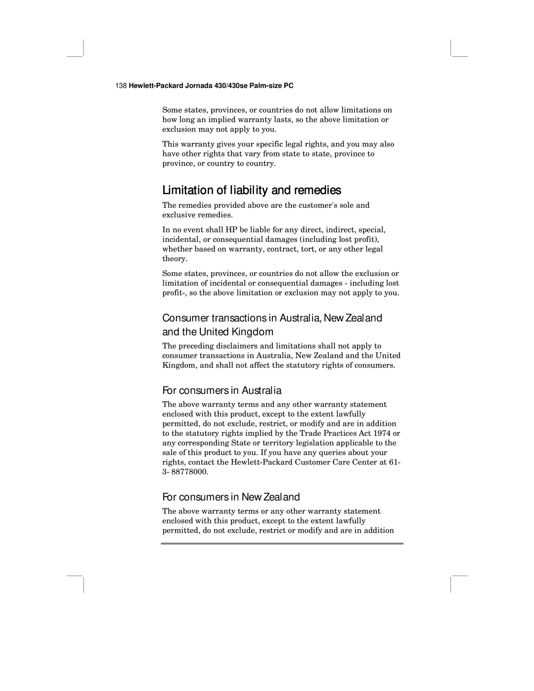 HP 430 SE manual Limitation of liability and remedies, For consumers in Australia, For consumers in New Zealand 