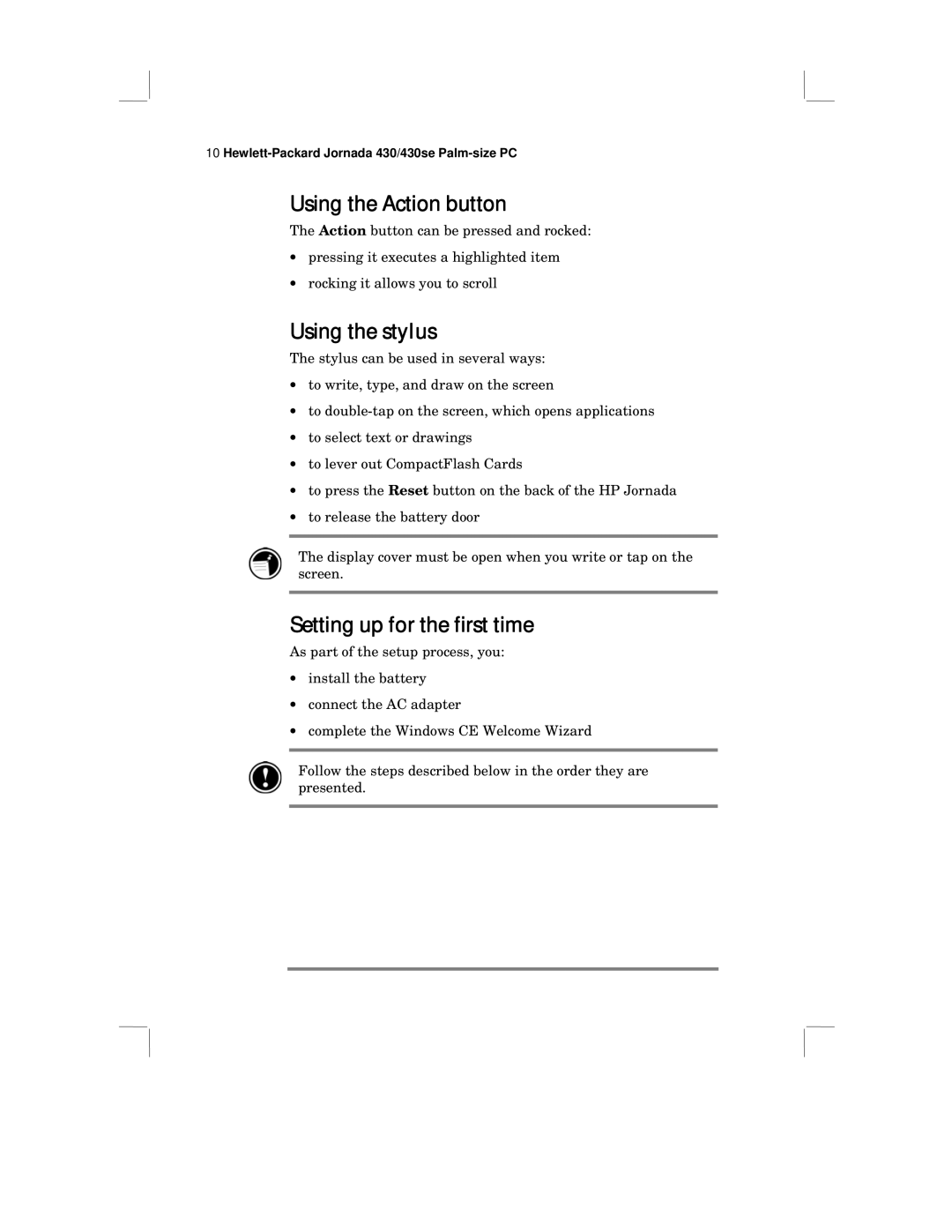 HP 430 SE manual Using the Action button, Using the stylus, Setting up for the first time 