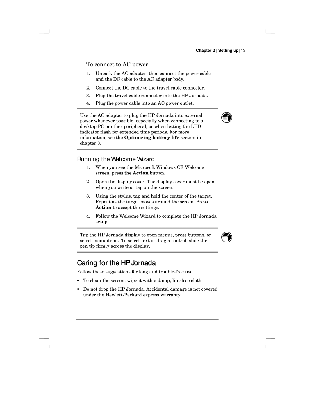 HP 430 SE manual Caring for the HP Jornada, Running the Welcome Wizard, To connect to AC power 