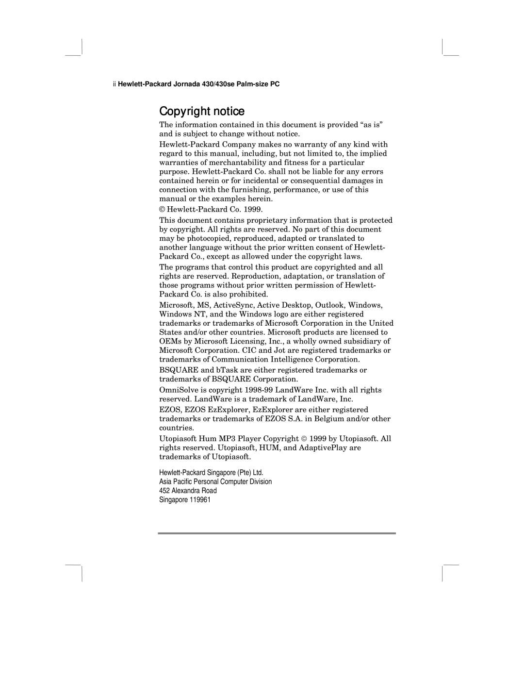 HP 430 SE manual Copyright notice 