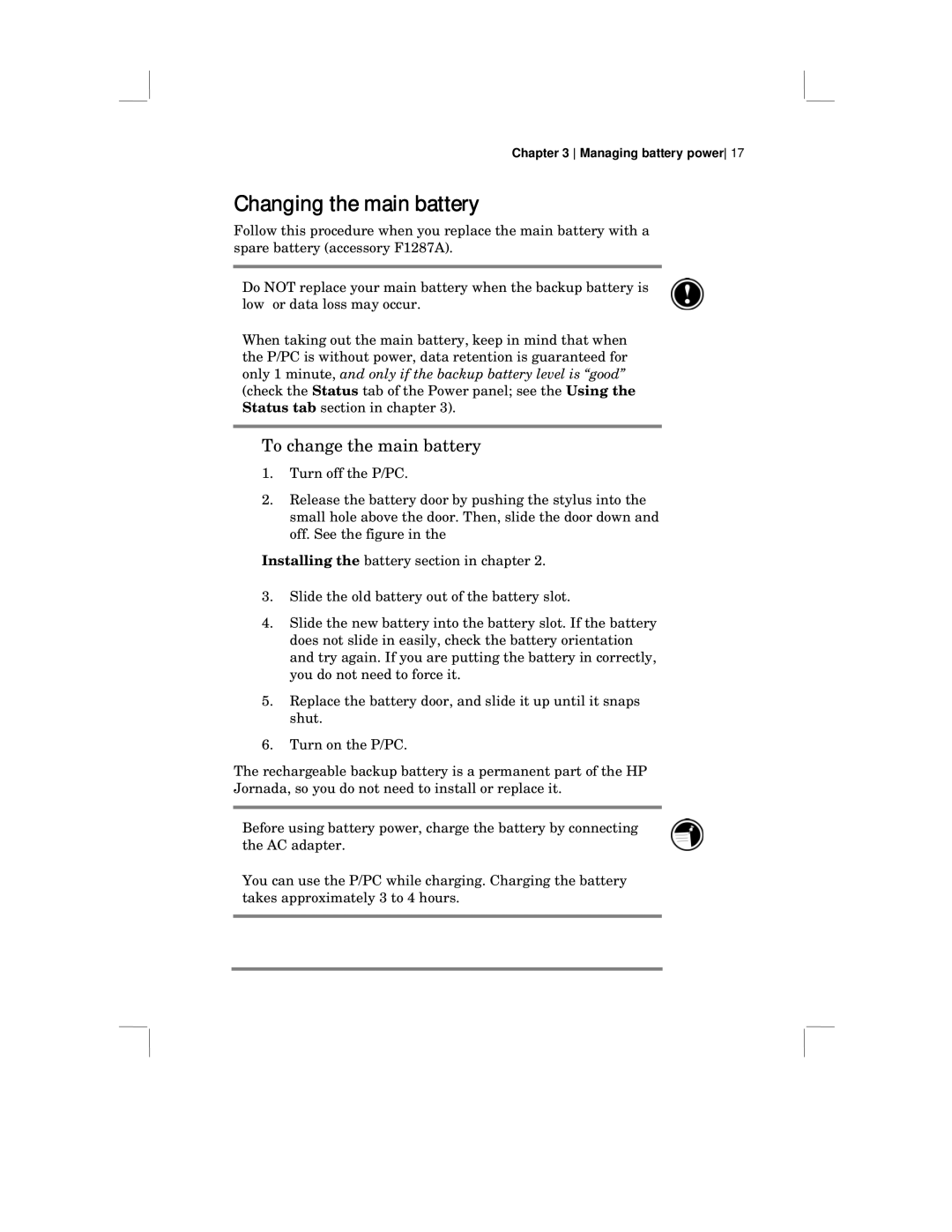 HP 430 SE manual Changing the main battery, To change the main battery 