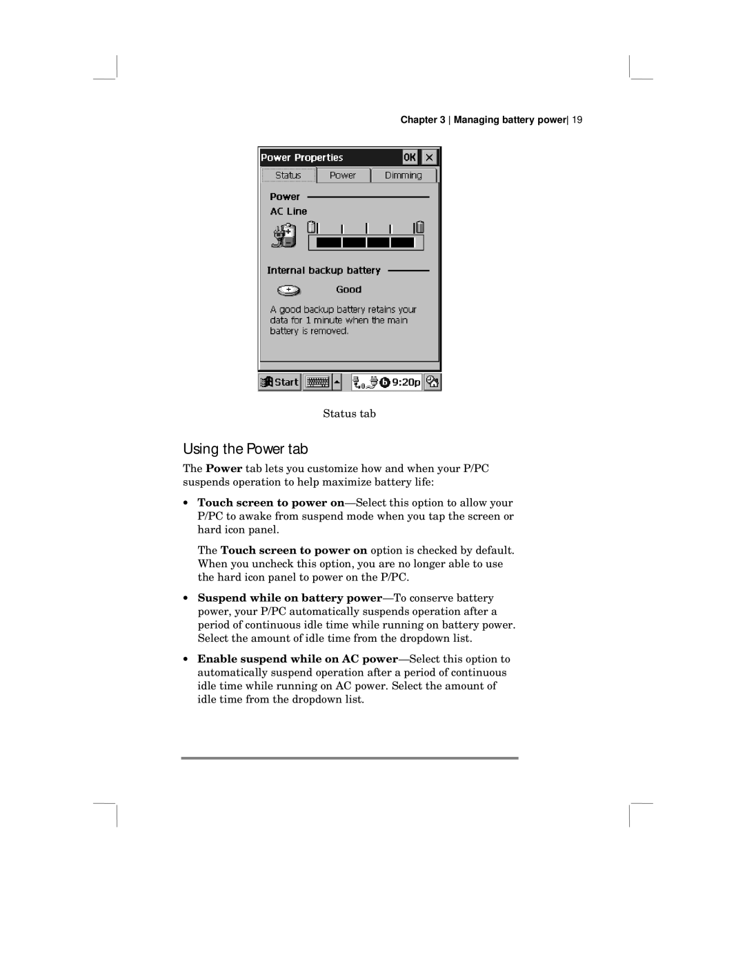 HP 430 SE manual Using the Power tab 