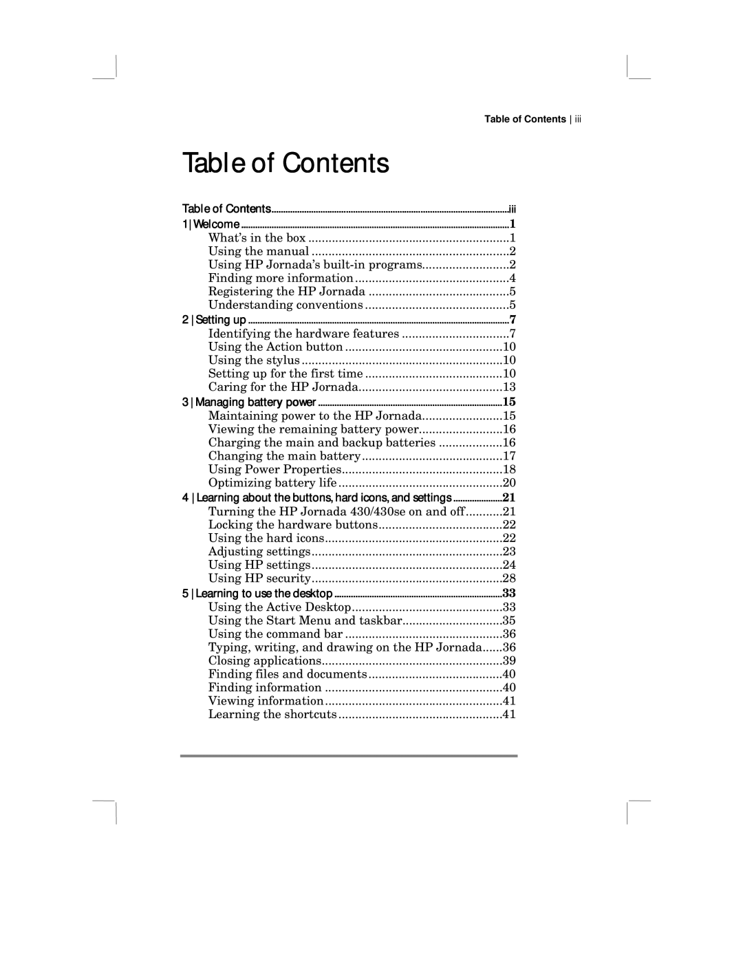 HP 430 SE manual Table of Contents 