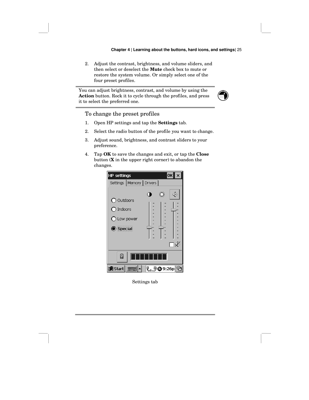 HP 430 SE manual To change the preset profiles 