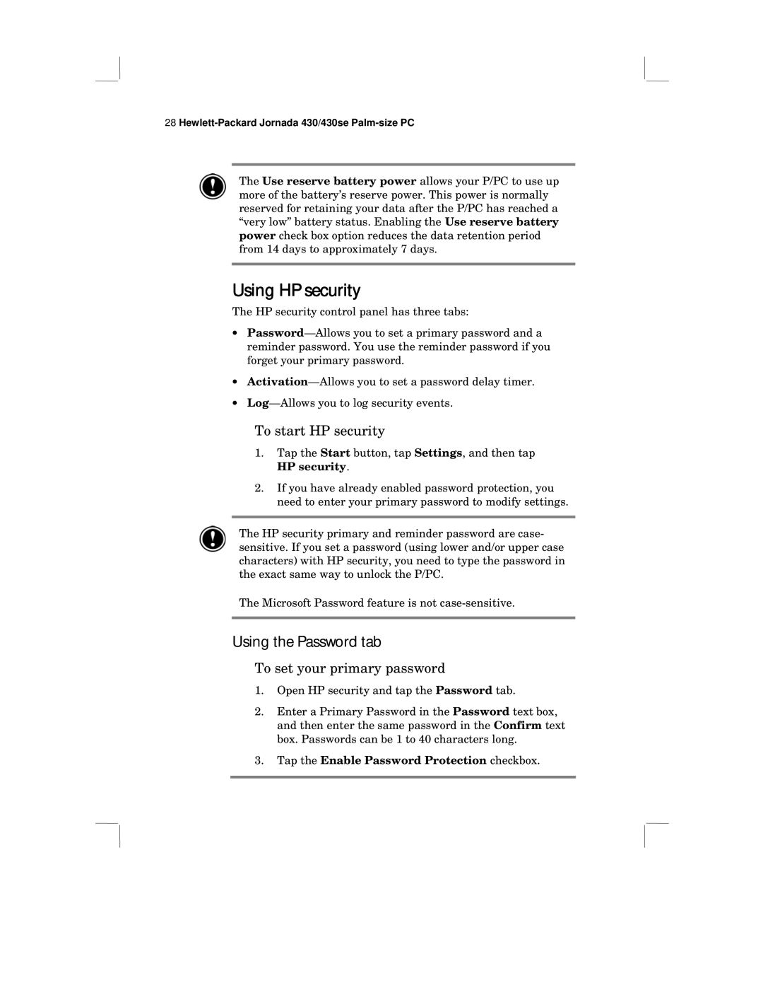 HP 430 SE manual Using HP security, Using the Password tab, To start HP security, To set your primary password 