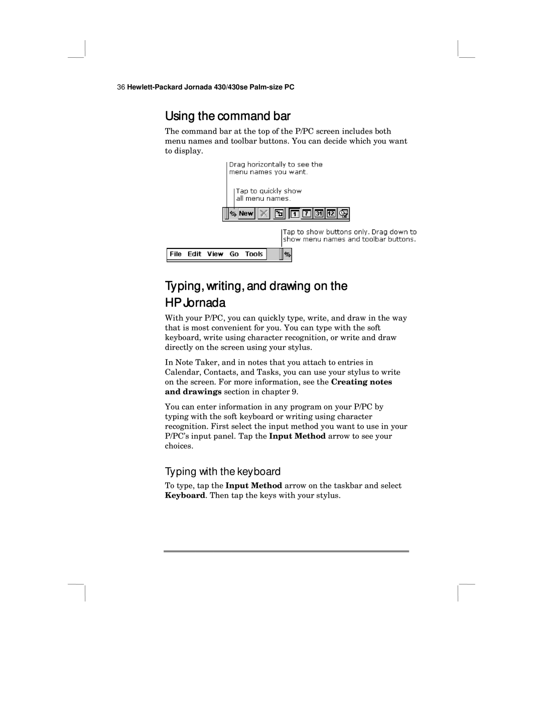 HP 430 SE manual Using the command bar, Typing, writing, and drawing on HP Jornada, Typing with the keyboard 