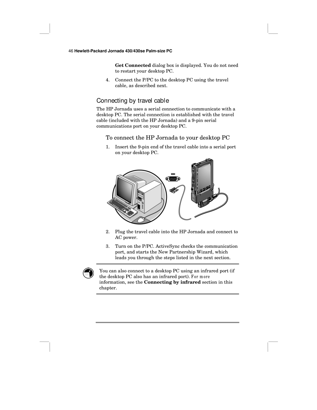 HP 430 SE manual Connecting by travel cable, To connect the HP Jornada to your desktop PC 