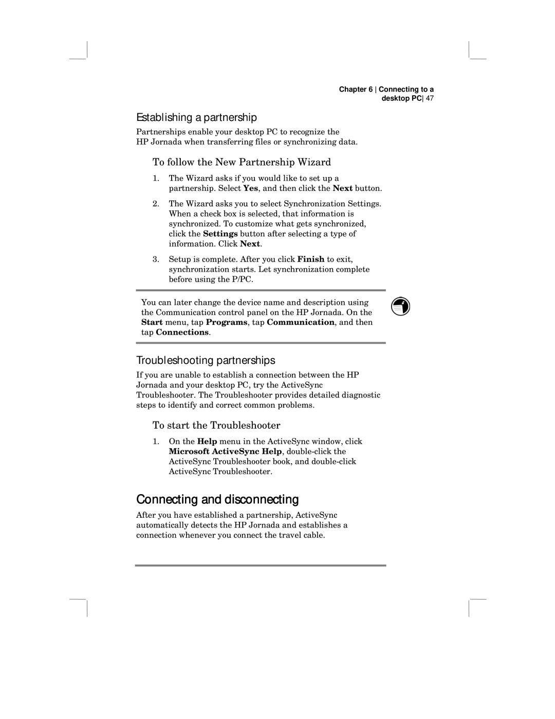 HP 430 SE manual Connecting and disconnecting, Establishing a partnership, Troubleshooting partnerships 