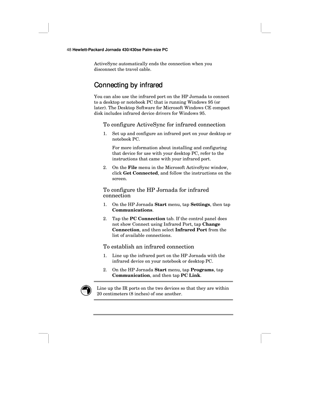 HP 430 SE Connecting by infrared, To configure ActiveSync for infrared connection, To establish an infrared connection 