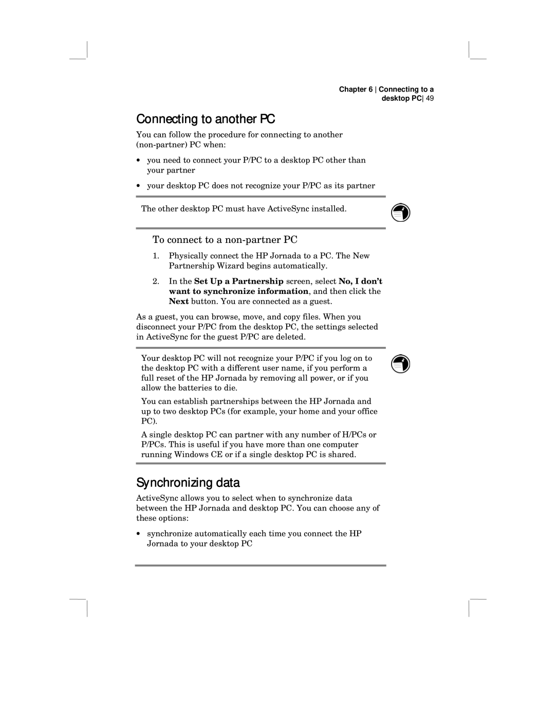 HP 430 SE manual Connecting to another PC, Synchronizing data, To connect to a non-partner PC 