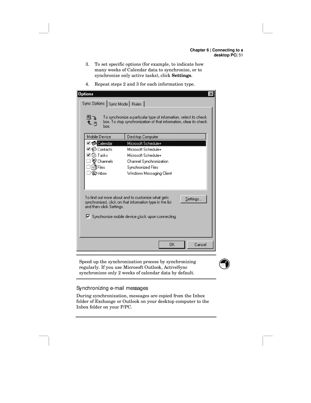 HP 430 SE manual Synchronizing e-mail messages 