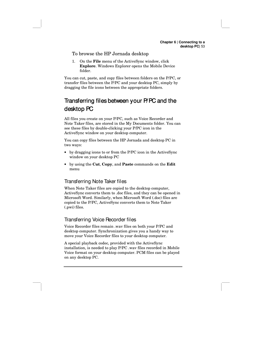 HP 430 SE manual Transferring files between your P/PC and the desktop PC, Transferring Note Taker files 