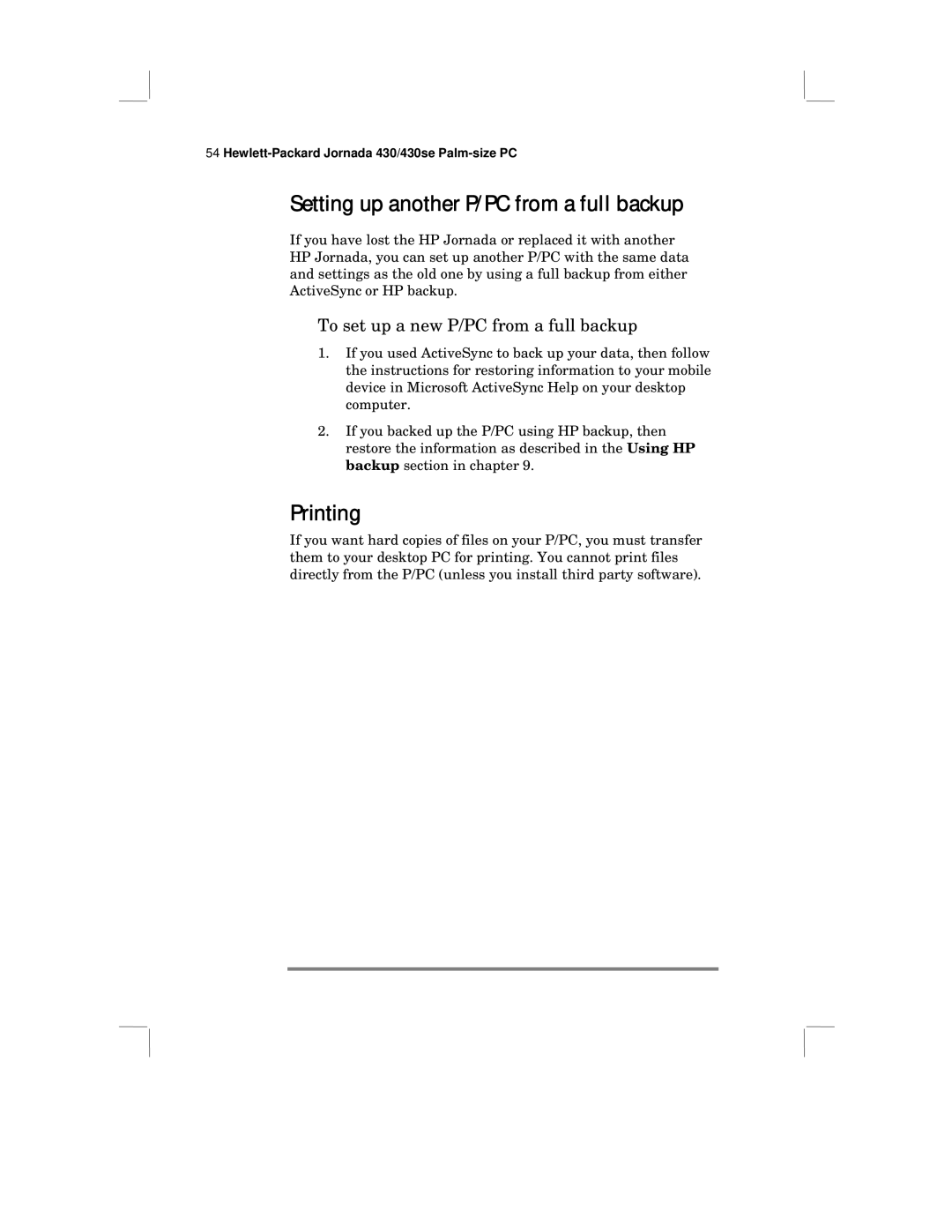 HP 430 SE manual Setting up another P/PC from a full backup, Printing, To set up a new P/PC from a full backup 