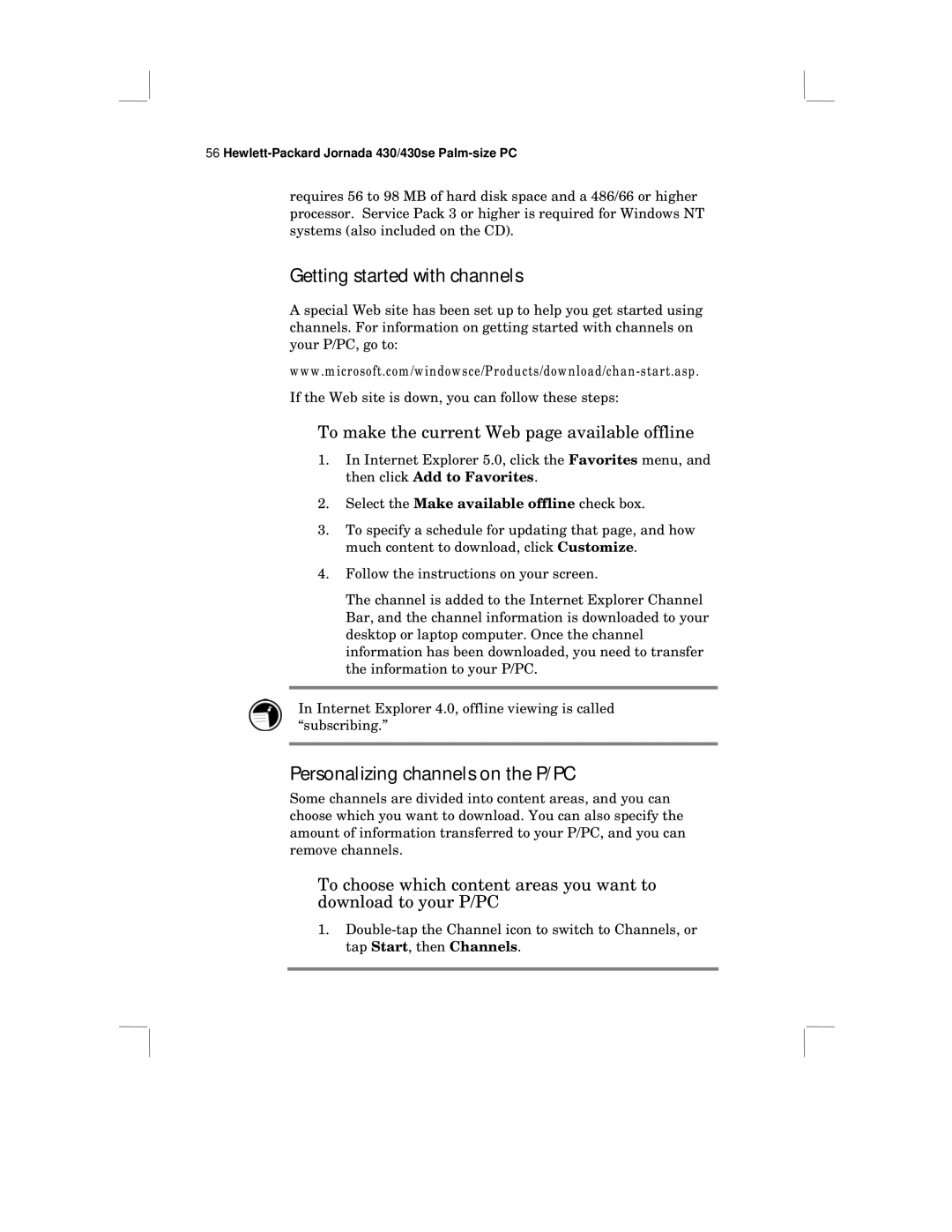 HP 430 SE manual Getting started with channels, Personalizing channels on the P/PC 