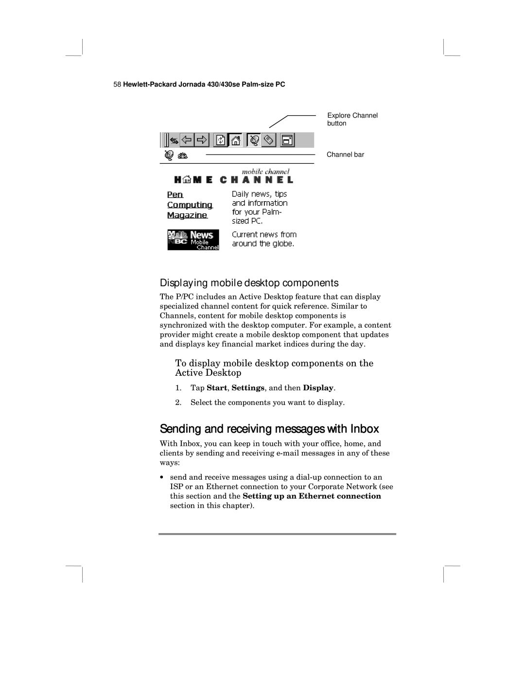HP 430 SE manual Sending and receiving messages with Inbox, Displaying mobile desktop components 