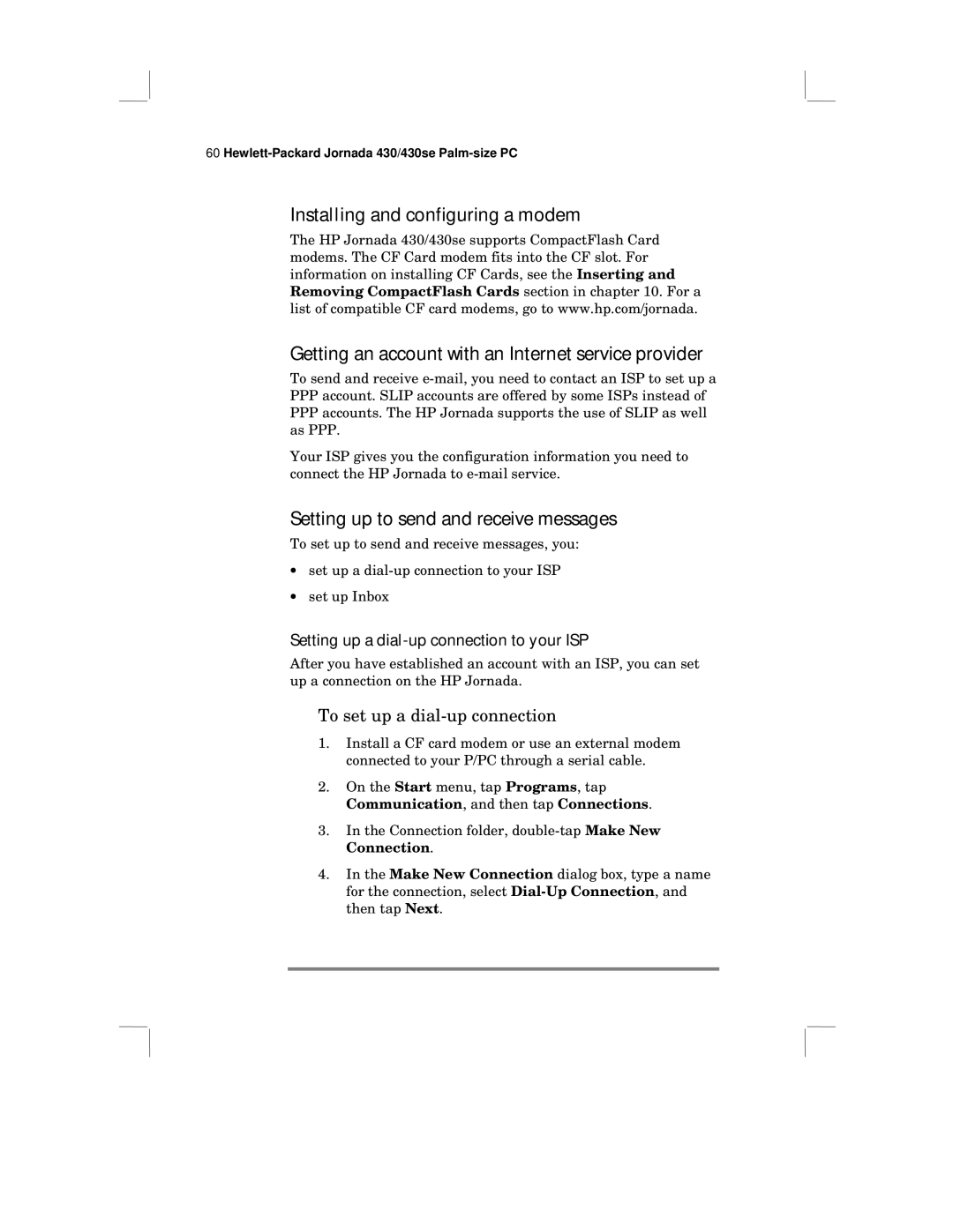 HP 430 SE manual Setting up to send and receive messages, Setting up a dial-up connection to your ISP 